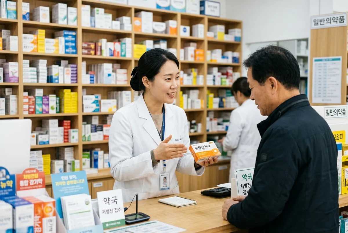 약국에서 약사가 손님에게 정제형 감기약 복용법을 설명하는 모습