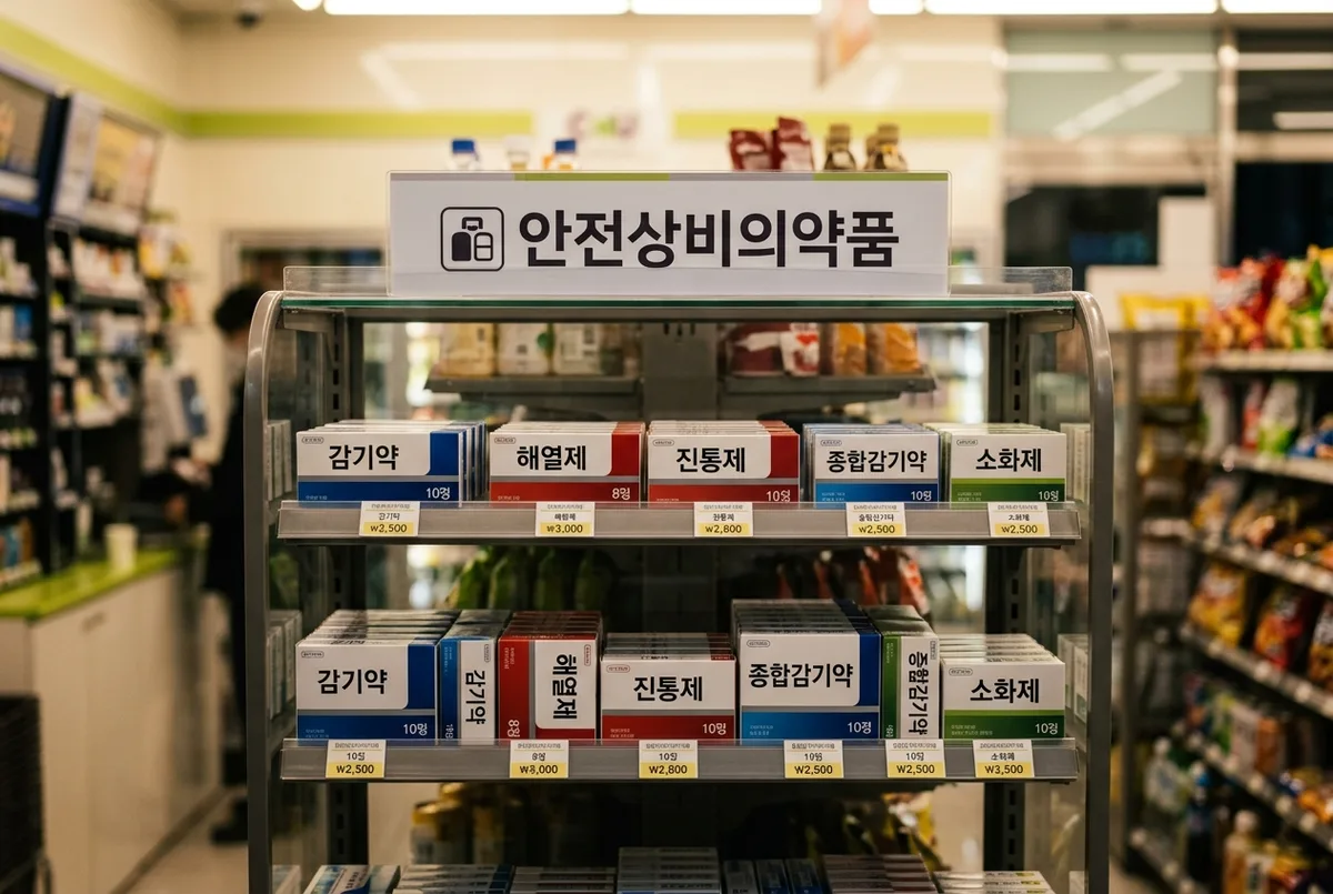 편의점 매대에 '안전상비의약품' 표지판과 함께 감기약, 해열제, 진통제, 종합감기약, 소화제가 진열되어 있는 모습