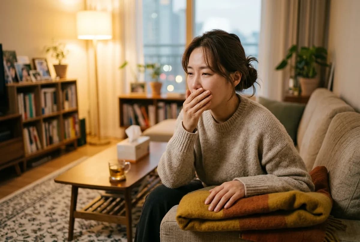 감기 기운에 기침을 하며 거실 소파에서 쉬고 있는 성인의 모습