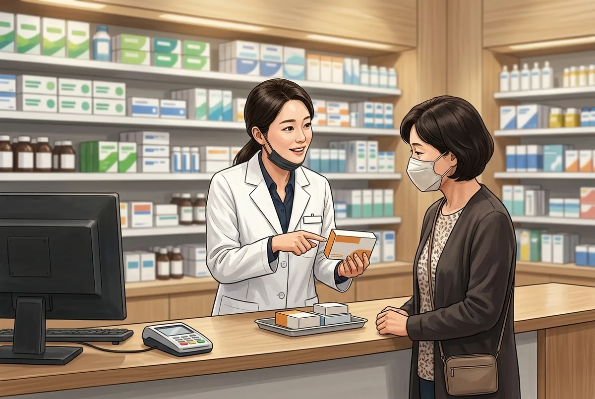 약사가 카운터에서 환자에게 감기약 상자를 보여주며 설명하는 모습