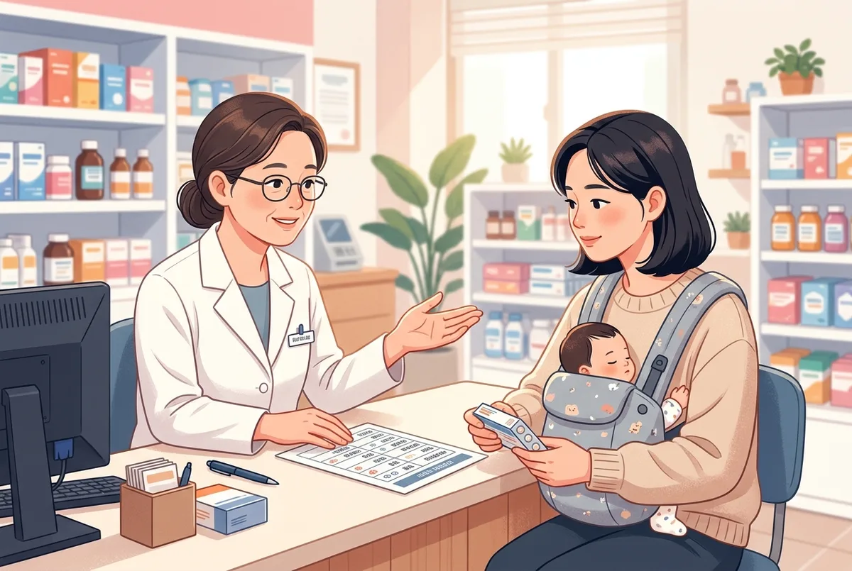 약사가 진열대 앞에서 아기를 안은 여성 고객에게 인쇄된 성분표를 짚어가며 설명하는 모습