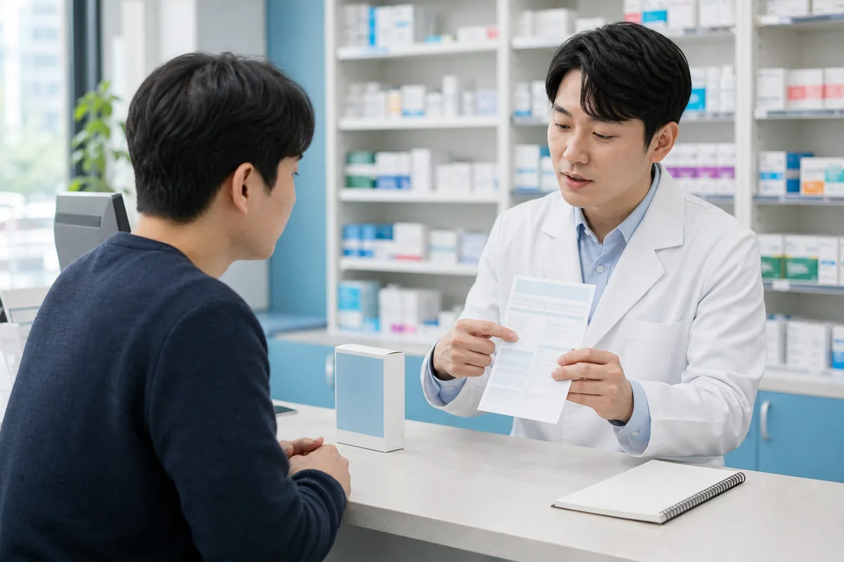 약사가 의약품 첨부문서와 복용 기록을 함께 설명하는 장면